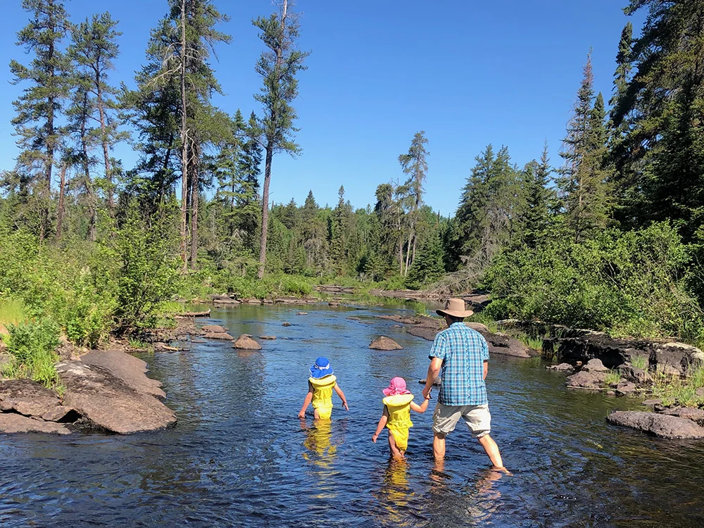 BWCAW Entry Points - Kids wading int he water with dad